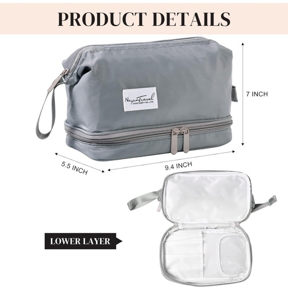 Large Makeup Bag Cosmetic Bag for Women Double LayerGrey Travel Makeup Organizer - Picture 2 of 7